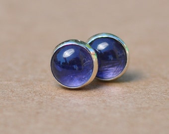 Blue Iolite Earrings handmade with Sterling Silver Studs. 6mm Cabochon Gemstones, violet, blue, perfect for birthday gifts.