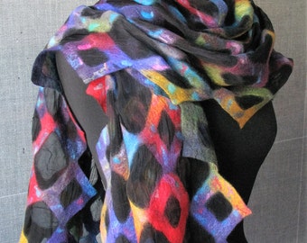 nuno felted shawl, fine merino wool and silk, handmade, mulitcolored, geometric pattern.