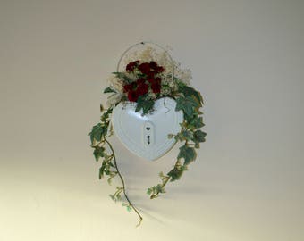 the Key to My Heart, Distressed tin silk flower arrangement, tin wall decor, front door decor, red roses, Mother's Day, Anniversary, gift,