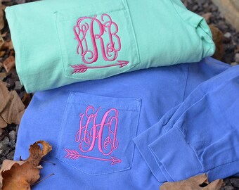Comfort Colors Long Sleeve Pocket T-Shirt, Monogram Pocket Long Sleeve T Shirt, Personalized Long Sleeve T-Shirt, Monogram With Arrow