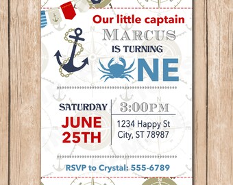 Nautical Birthday Invitation | Crab, Sailor, Captain - 1.00 each printed
