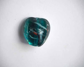Large glass heart, clear, emerald green interior veined white and Red