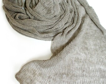 Knitted linen scarf, flax scarf, summer scarf, grey linen scarf, gauzy scarf, loose knit scarf
