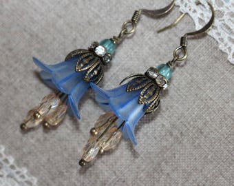 Blue Lucite Flower Earrings, Vintage Style Dangle Lucite Earrings