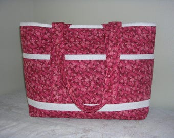 CLEARANCE SALE: Red Petite Flowers w White Trim, Hand Made Quilted Tote Bag