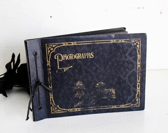 Vintage 1900s Photo Album / Black And Gold Scrapbook Memento Picture Storage Photo Corners / Edwardian Victorian Art Deco Art Nouveau