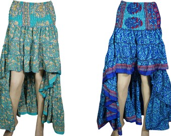 Bohemian High-Low Maxi Skirt 2pc Recycled Vintage Sari Gypsy Hippie Chic Ruffle Flirty Flare Summer Skirts S/M