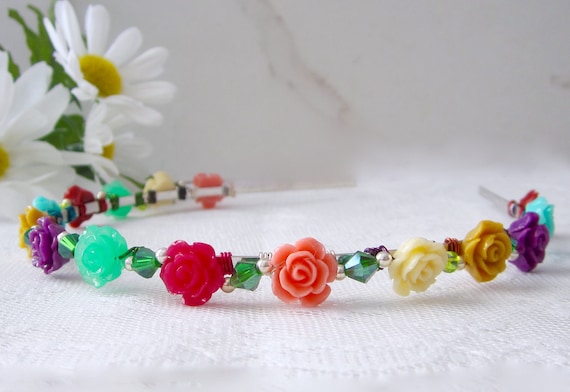 Floral Hair Ornament // Colorful Flower Headband // Rainbow Hair Jewelry // Metal Crystal Headpiece // Resin Blossoms Hairband // Hair Decor