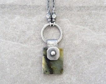 jade necklace, oxidized silver jewelry, boho stone pendant, yellow jade, metalwork jewelry