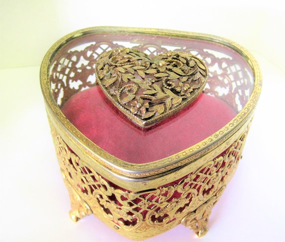 Gold Ormolu Jewelry Box, Heart Shaped Box, Vintage Vanity Display, Mid Century Jewelry Storage