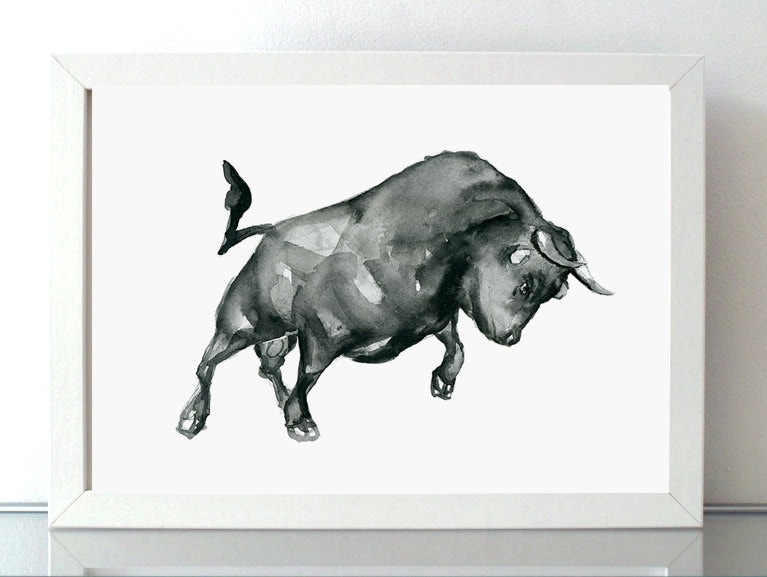 Bull Watercolor Painting Giclee print Bull Art Taurus ink