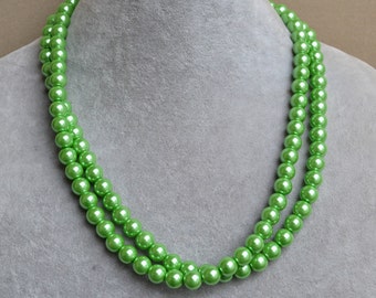 green pearl Necklaces,Glass Pearl Necklace, two Layer green bead Necklace, Wedding Necklace, bridesmaid necklace, statement necklace