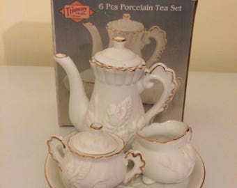 Miniature tea set, vintage tea set, white and gold tea set, porcelain tea set, mini tea set, small tea pot, small tea set