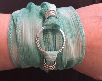 Mint Green Boho Sari Ribbon Wrap Bracelet