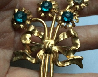 Gold Victorian Brooch,Gold Aqua Brooch,Art Nouveau Pin,Gold Leaf Pin,Flower Pin,Edwardian Pin,Blue Blue Bouquet Pin,Aqua Pin,Aqua Flower Pin