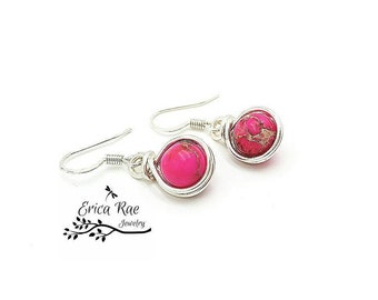 Sea sediment jasper earrings, pink earrings, gemstone earrings, dangle earrings, silver earrings, wire wrap earrings