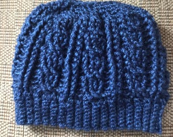 Cable Messy Bun Hat, Pony Tail Hat, Crochet Adult hat, Man Bun Hat, Cable Ski Hat, Hat with Hole, Winter Hat, Blue Hat, Adult Winter Hat