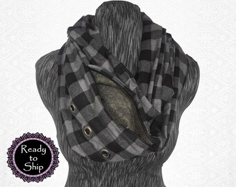 Fleece Bonding Scarf with Zipper Pouch for Sugar Glider ~ Hedgehog Accessory ~ Rat ~ Sugar Glider ~ Hamster ~ Chinchilla ~ Plaid Black Gray