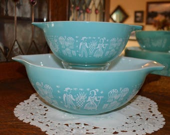 Vintage Butterprint Pyrex Bowls, Amish Turquoise, Aquq Kitchen, Cinderella Nesting Bowls, Mid Century, 442 & 444, 1950s, Gift for Her