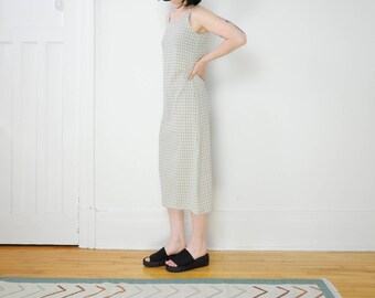 90s Spaghetti Strap Beige Plaid Long Dress / Size Medium