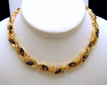 Beautiful Vintage Crown Trifari Necklace Purple Clear Rhinestones Gold Tone