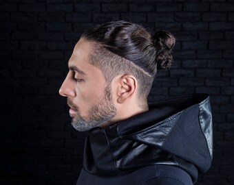 Black leather scarf, infinity scarf type, black hooded cowl, holiday gift for him