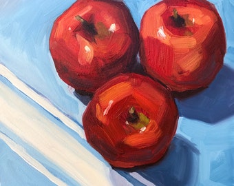 Still life painting- Three Apples - 6x6 fruit oil painting by Sharon Schock
