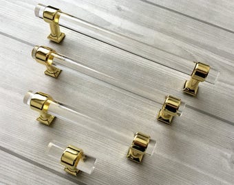 3" 3.5" 3.75" 4.25" 4.5" 5" 3 1/2" Acrylic Cabinet Pulls Glass Look Lucite Drawer Pull Dresser Handles Gold 76 96 128 160 192 Lynn Hardware