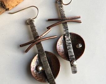 50% OFF Metalwork Earrings, Unique Earrings, Copper and Sterling, Artisan Earrings, East Asian Inspired, Soldered Earrings, Statement