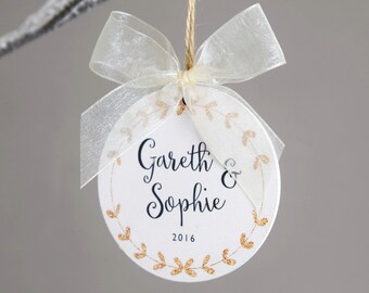 Personalised Christmas Bauble couples names gold glitter
