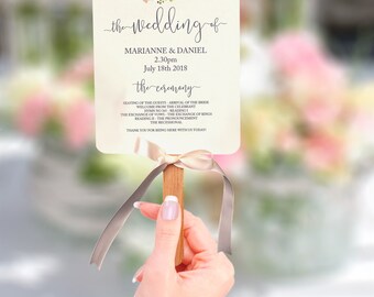 Wedding program fan, pink blush printable template, 2 sided order of service card fan | Pink rose wedding bouquet