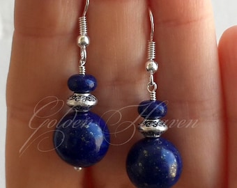Lapis Lazuli Earrings Blue Gemstone Earrings jewelry Dark blue earrings Blue stone earrings 925 Sterling Silver Earrings Tibetan Silver