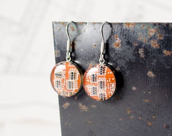 Circuit Board Earrings, Orange Sterling Silver Jewelry, Orange Dangle Earrings, Silver Earrings, Software Engineer, Women in Computing, Geek
