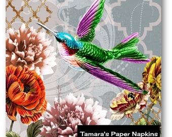 4 Decoupage Napkins, Paper Napkins, COLIBRI AND FLOWERS. Printed Paper Napkins for Decoupage, Collage or Party.
