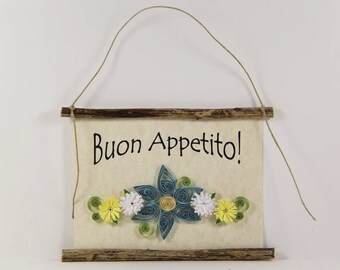 Buon Appetito, Paper Quilled Italian Kitchen Sign, 3D Paper Quilled Banner, Blue White Yellow Decor, Italy Gift, Have a Good Meal Rustic Art