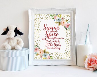 Sugar and spice and everything nice, baby shower sign, girls birthday sign, baby girl nursery art, girls playroom decor, instant download