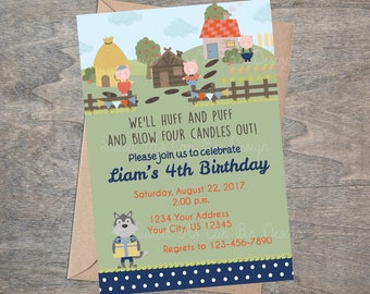 Three Little Pigs Invitation | Farm Storybook 3 Big Bad Wolf Piggy Party Printable Invite 1st 2nd 3rd 4th Birthday