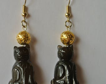 Gold and Black Cat Earrings with Gold Fishhook