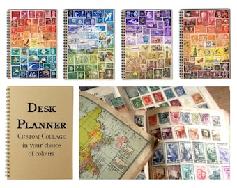 Upcycled Monthly Planner | Postage Stamp Desk Diary, Undated Bullet Journal Notebook, Dot Grid | Recycled Stamp Art Collage, Custom Colours
