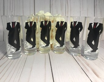 Personalized Shot Glasses with Tuxes, Groomsmen Wedding Glasses, will you be my groomsman, groomsman gifts, wedding party gifts