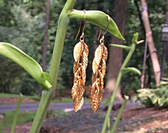 Golden Etched Leaf Dangle Earrings