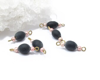 Vintage Matte Black Barrel Bead with Rose Gold Preloops 6pcs