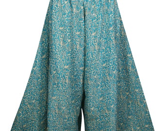 Boho Mexican Hippie Vintage Recycled Silk Sari Printed High Waist Wide Leg Divided Maxi Split Skirts