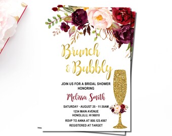 Brunch & Bubbly Bridal Shower Invitation, Burgundy Wine Floral and Gold, Bridal Brunch Invitation, Personalized Printable Invitation, B61