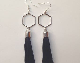 Hexagon Earrings, Statement Earrings, Tassel Earrings, Black Tassel Earrings, Dangle Earrings, Geometric Earrings, Boho Earrings, Bridal