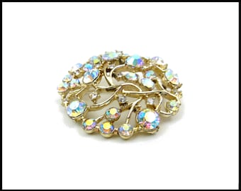 Aurora Borealis Rhinestone Brooch, Gold Filigree, Clear & AB Rhinestones, AB Rhinestone Brooch, Runway Size, Mothers Day Gift For Her