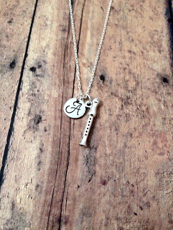 Recorder initial necklace recorder jewelry gift for music
