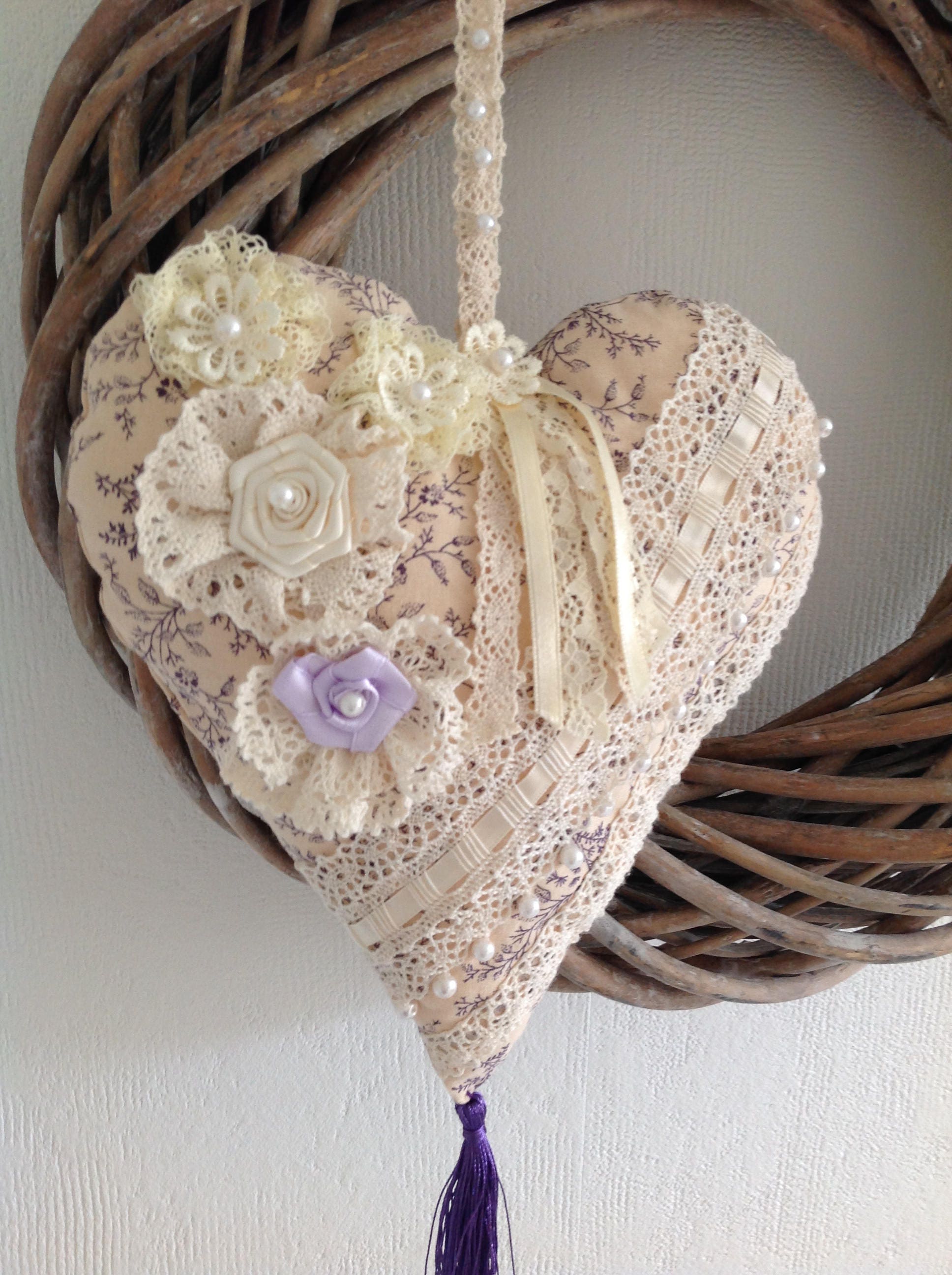 Shabby Fabric Heart Lace Heart Ornament