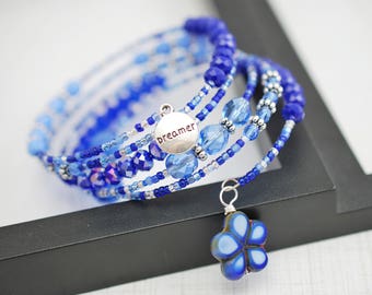 Dreamer Bracelet, Dreamer, Boho Bracelet, Inspirational Bracelet, Blue Bracelet, Wrap Bracelet, Memory Wire Bracelet, Seed Bead Bracelet