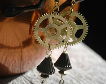 Steampunk Earrings- Real Antique Clock Parts- Upcycled Beads and Jewelry- Unique- Gift- Present- Recycled